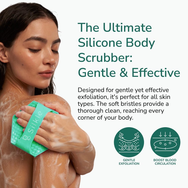 SILKLE Silicone Body Scrubber – Gentle Exfoliating Shower Scrubber for Body & Bath, Silicone Shower Brush & Loofah Alternative – Non-Slip Silicone Body Brush, Quick Dry, Hygienic - Green - Image 3